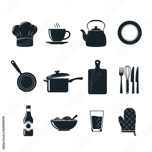 Vector illustration of set of kitchen and cooking icons, featuring chef hat, coffee cup, teapot, pans, pots, utensils, and oven mitt, isolated on white background