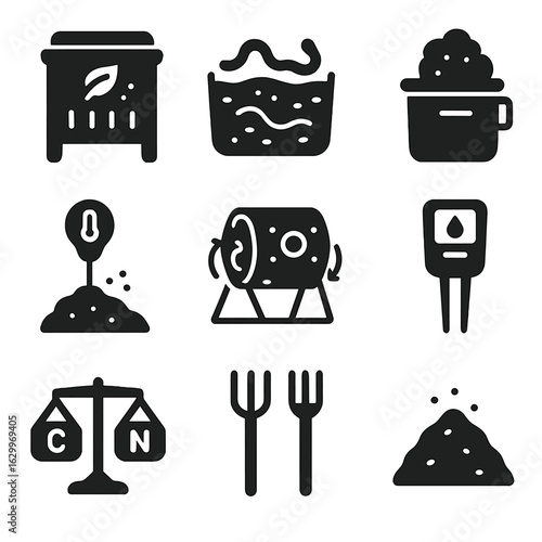 Advanced Composting Icons. Solid, filled icons set of advanced composting techniques: aerobic compost bin,