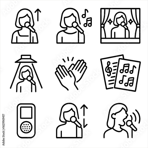 Advanced Singing Skills Icons. Outline icon set of advanced singing skills: range extension, improvisation,
