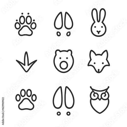 Animal Tracks Icons. Outline icon set of tracking animals: wolf, deer, rabbit, bird, bear, fox, raccoon, moose, owl. Line icons in