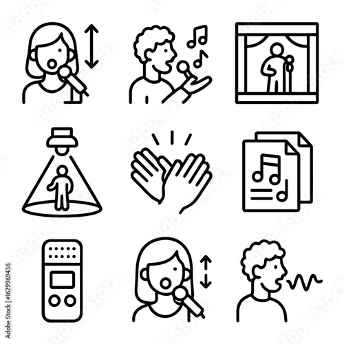 Advanced Singing Skills Icons. Outline icon set of advanced singing skills: range extension, improvisation,