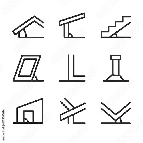 Architectural Angle Icons. Outline icon set of architectural angles: roof pitch, eave angle, stair incline, window tilt, wall