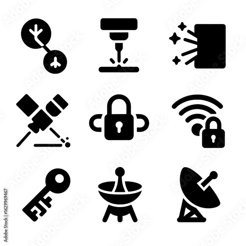 Advanced Space Communication Icons. Solid, filled icons set of advanced space communication methods: quantum