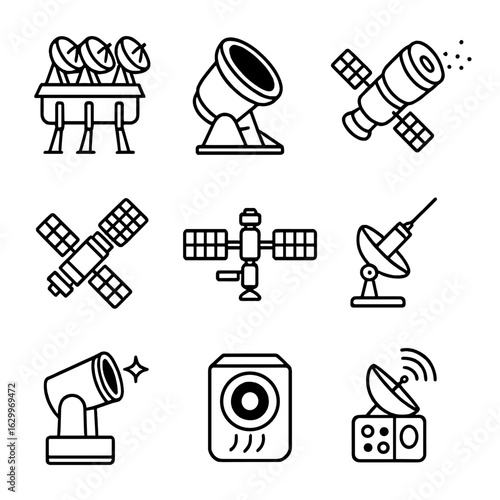 Advanced Space Observatories Icons. Outline icon set of advanced space observatories: satellite array,