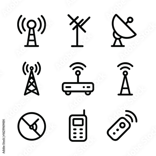 Antenna Line Icons. Outline icon set of antenna uses: radio broadcasting, TV antenna, satellite communication, cellular tower,