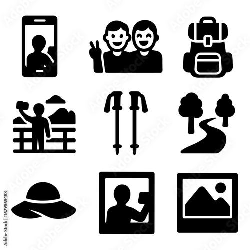 Adventure Selfie Icons. Solid, filled icons set of Adventure selfie moments: mobile phone, friends, laughter,