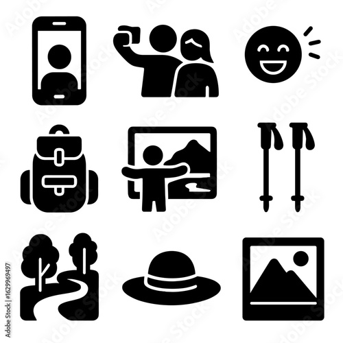 Adventure Selfie Icons. Solid, filled icons set of Adventure selfie moments: mobile phone, friends, laughter,