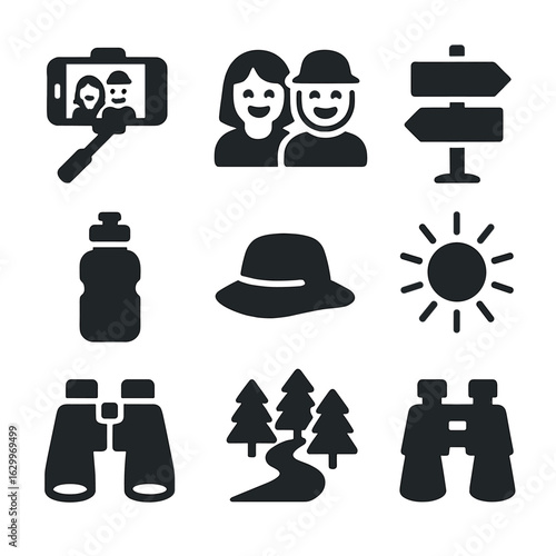 Adventure Icons Grid. Solid, filled icons set of Friends on an outdoor adventure selfie: smartphone, selfie