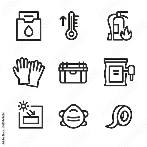 Archive Preservation Icons. Outline icon set of archive preservation: humidity control, temperature gauge, fire extinguisher,