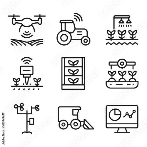 Agricultural Innovation Icons. Outline icon set of agricultural innovation: drone, smart tractor, irrigation