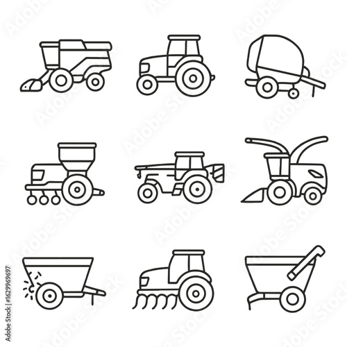 Agricultural Machinery Icons. Outline icon set of agricultural heavy machinery: combine harvester, plow
