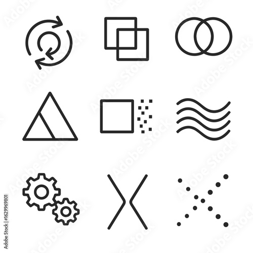 Abstract Icon Set. Outline icon set of abstract transformation: swirling arrows, shifting squares, morphing circles, unfolding