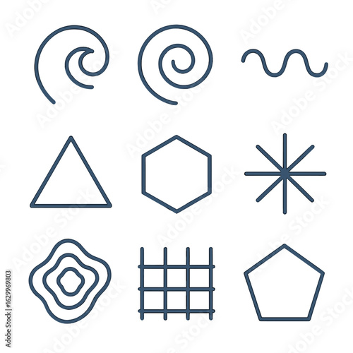 Abstract Blue Icon Grid. Outline icon set of cool tone abstract shapes: blue swirl, blue spiral, blue wave, blue prism, blue