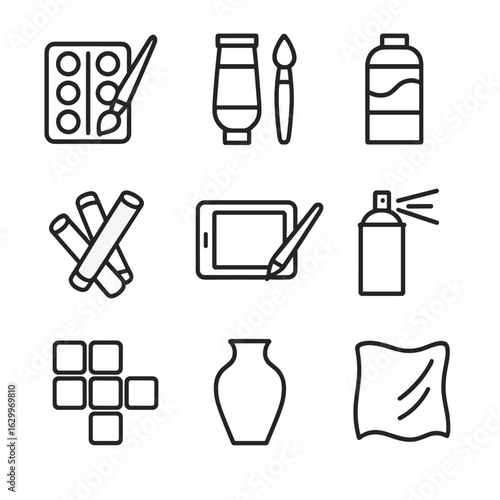 Art Medium Icons. Outline icon set of art mediums: watercolor, oil paint, acrylic, pastel, digital tablet, spray can, mosaic, clay