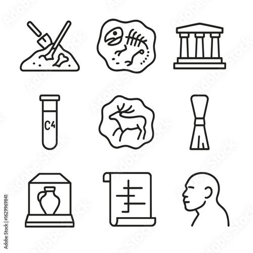 Archaeology Icon Set. Outline icon set of deep history exploration: archaeological dig site, fossil remains, ancient ruins