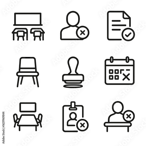 Absence Icon Set. Outline icon set of absence in attendance: empty classroom, no show, absence note, vacant seat, absent stamp,