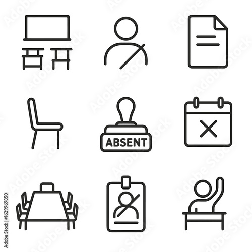 Absence Icon Set. Outline icon set of absence in attendance: empty classroom, no show, absence note, vacant seat, absent stamp,