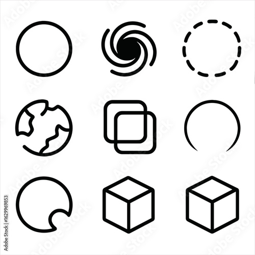 Abstract Absence Icons. Outline icon set of abstract absence: void, black hole, empty circle, dashed outline, fragmented shape,