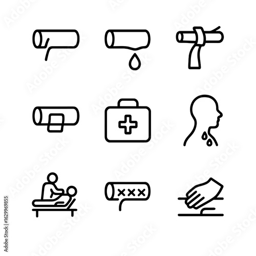 Artery Injury Icons. Outline icon set of artery injury and trauma: artery cut, bleeding artery, tourniquet, bandage, first aid,