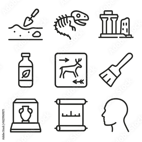 Archaeology Icon Set. Outline icon set of deep history exploration: archaeological dig site, fossil remains, ancient ruins