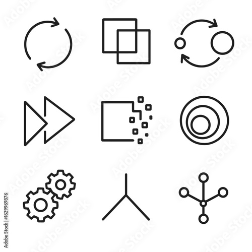 Abstract Icon Set. Outline icon set of abstract transformation: swirling arrows, shifting squares, morphing circles, unfolding