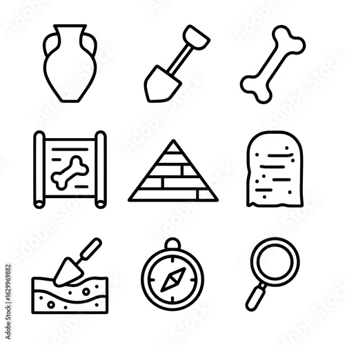 Archaeological Icon Grid. Outline icon set of archaeological discovery: ancient vase, excavation shovel, fossil bone, ancient
