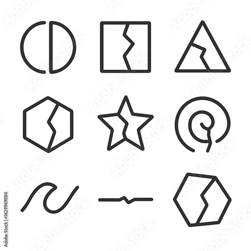Abstract Shape Icons. Outline icon set of split abstract shapes: divided circle, broken square, fractured triangle, cleaved