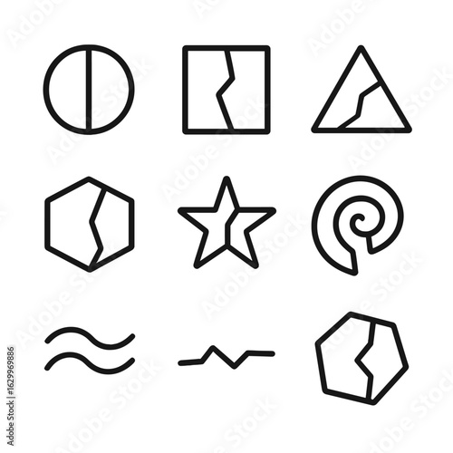 Abstract Shape Icons. Outline icon set of split abstract shapes: divided circle, broken square, fractured triangle, cleaved