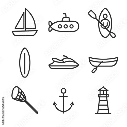 Aquatic Transportation Icons. Outline icon set of aquatic mobility: sailboat, submarine, kayak, surfboard, jet ski, rowboat,