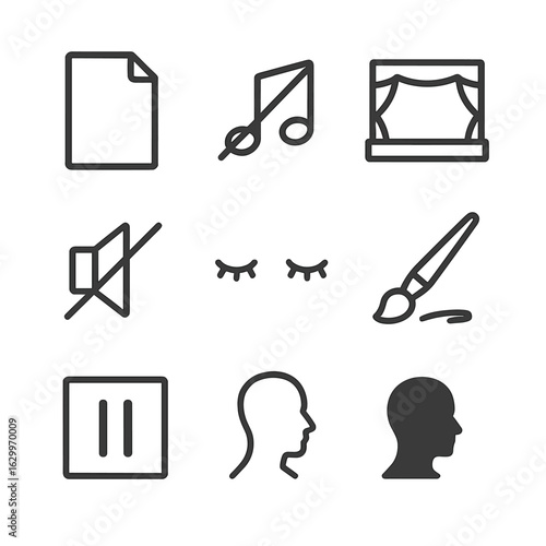 Icons of Artistic Silence. Outline icon set of stillness in art: blank page, silent music note, empty stage, paused film, muted