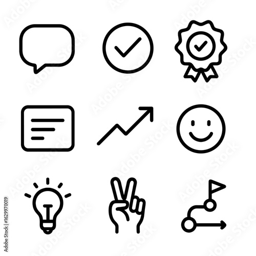 Outline Affirmation Icons. Outline icon set of affirmation tools: quote bubble, checkmark icon, success badge, note card, rising