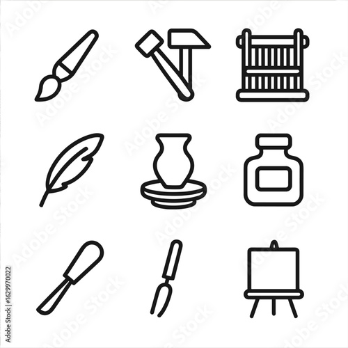 Artistic Tool Icons. Outline icon set of origin in creation: paintbrush, chisel, hammer, loom, quill, pottery wheel, ink bottle,
