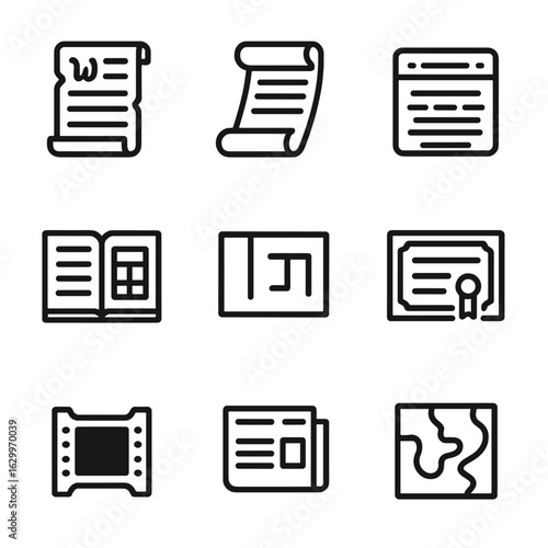 Archive Icon Collection. Outline icon set of archive documents: old manuscript, rolled parchment, typewritten paper, ledger book,