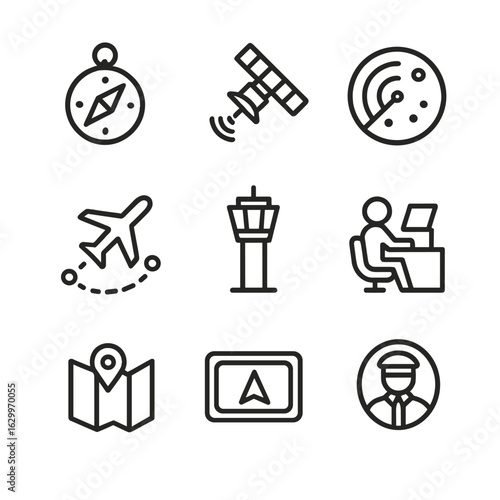 Aerospace Navigation Icons. Outline icon set of aerospace navigation: compass, GPS satellite, radar, flight path, control tower,