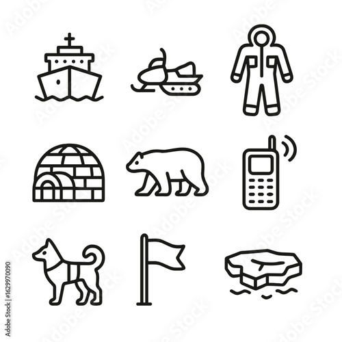 Arctic Exploration Icons. Outline icon set of arctic exploration: icebreaker ship, snowmobile, thermal suit, igloo, polar bear,