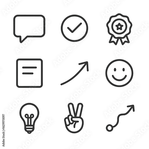 Outline Affirmation Icons. Outline icon set of affirmation tools: quote bubble, checkmark icon, success badge, note card, rising
