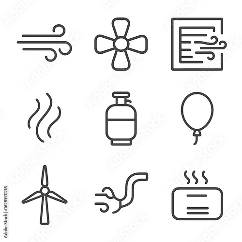 Air Flow Icon Set. Outline icon set of air and gas flow: wind, fan, vent, smoke, gas cylinder, balloon, turbine, exhaust, air