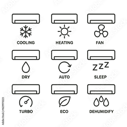 Air Conditioning Icons. Outline icon set of air conditioning modes: cooling mode, heating mode, fan only, dry mode, auto mode,