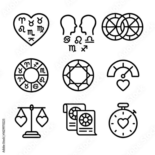 Astrological Compatibility Icons. Outline icon set of astrological compatibility: heart with zodiac symbols, couple silhouette