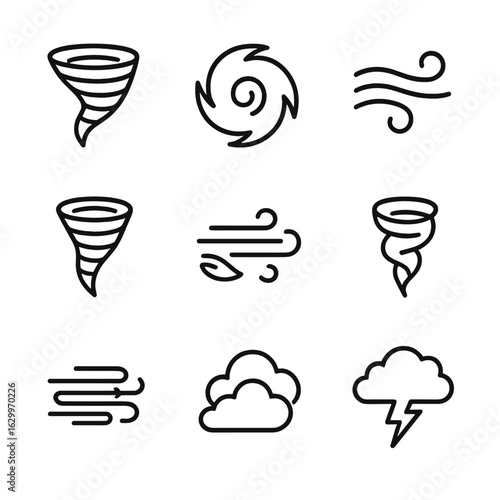 Air Phenomena Icons. Outline icon set of air phenomena: tornado, hurricane, breeze, whirlwind, gust, dust devil, jet stream, cloud
