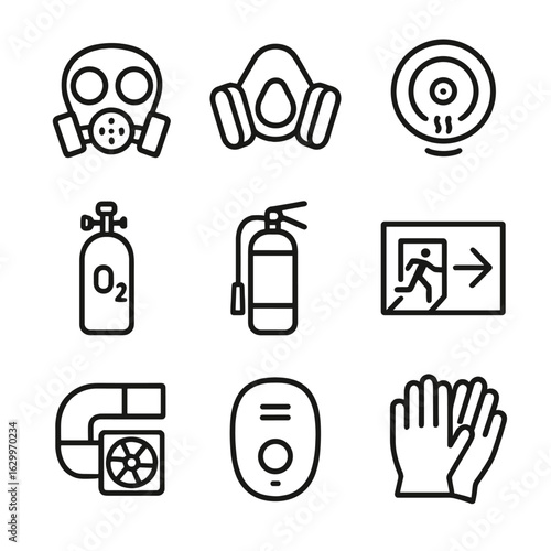 Air Safety Equipment Icons. Outline icon set of air-related safety equipment: gas mask, respirator, smoke detector, oxygen tank,