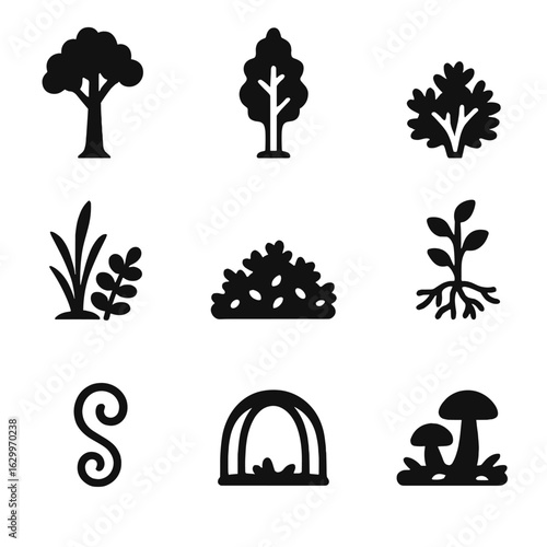 Agroforestry Layers Icons. Solid, filled icons set of agroforestry layers: emergent tree, understory layer,