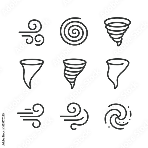 Air Swirl Icons. Outline icon set of air swirls: whirlwind, vortex, cyclone, dust devil, tornado, funnel cloud, gust, swirling