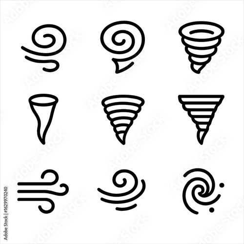 Air Swirl Icons. Outline icon set of air swirls: whirlwind, vortex, cyclone, dust devil, tornado, funnel cloud, gust, swirling