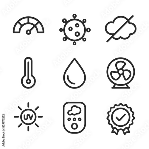 Air Quality Icon Set. Outline icon set of air quality indicators: AQI meter, dust particle, smog cloud crossed, temperature gauge,