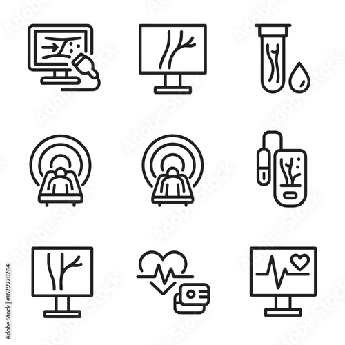Artery Diagnostics Icons. Outline icon set of artery-related diagnostics: Doppler ultrasound, angiogram, blood test, MRI scan, CT