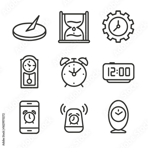 Alarm Clock Evolution. Outline icon set of alarm clock history and evolution: sundial outline, water clock, mechanical clock gear,