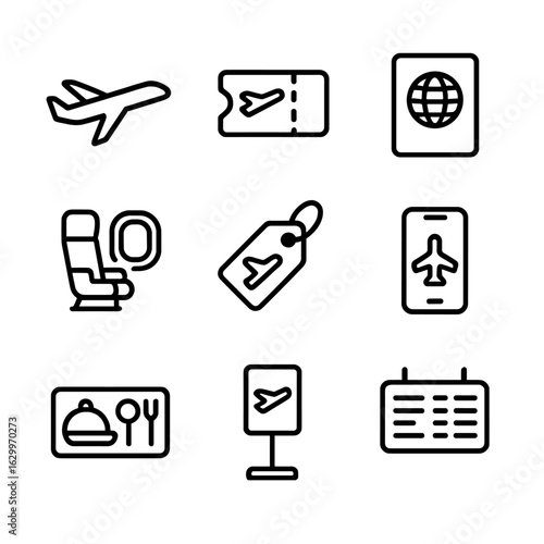Air Travel Icon Set. Outline icon set of air travel: airplane, flight ticket, passport, window seat, luggage tag, flight mode,