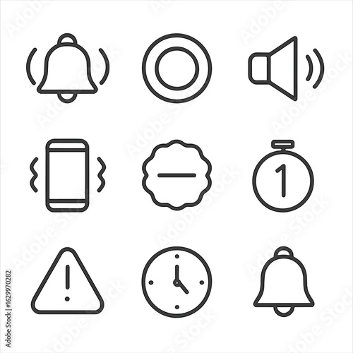 Alarm Icon Set. Outline icon set of alarm sounds: ringing bell, buzzer waves, speaker icon, volume control, vibration, snooze