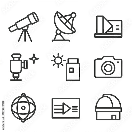 Astronomy Icon Set. Outline icon set of astronomical instruments: telescope, radio dish, spectrometer, star tracker, solar sensor,